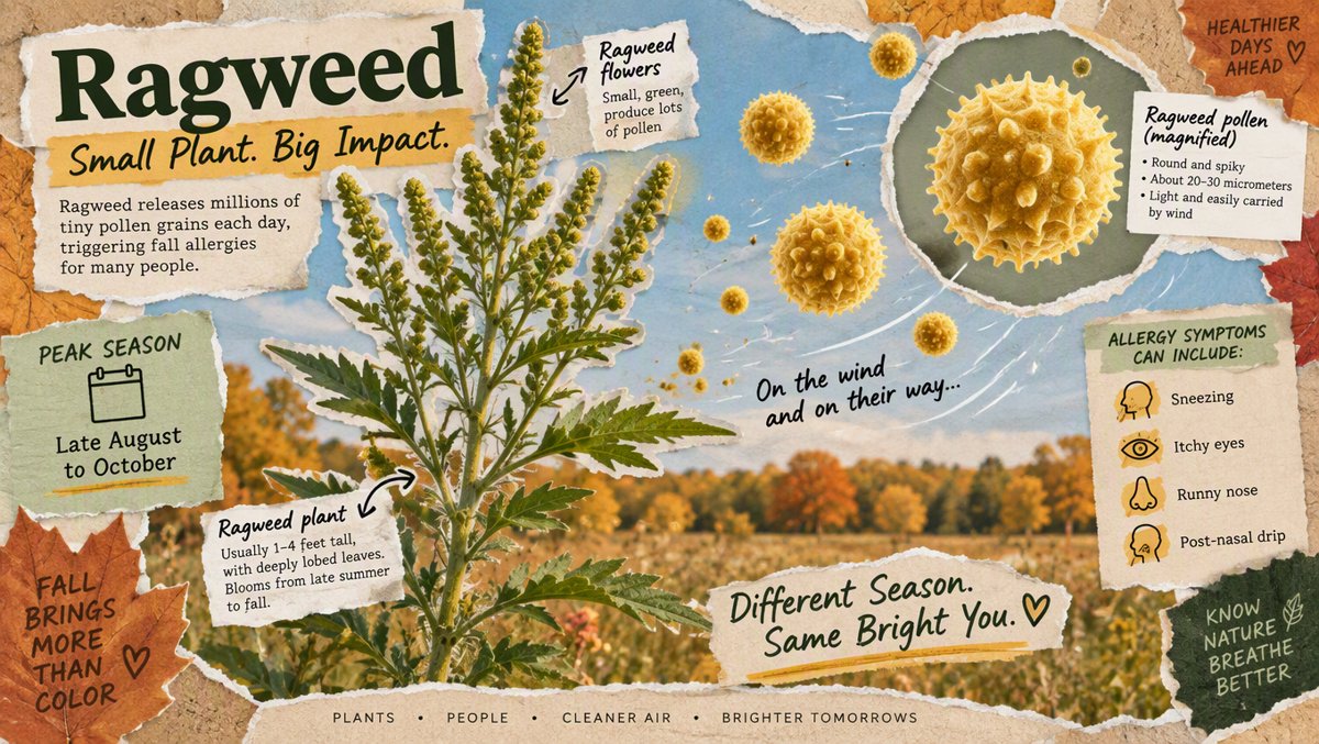 Ragweed plant releasing golden pollen grains — educational illustration