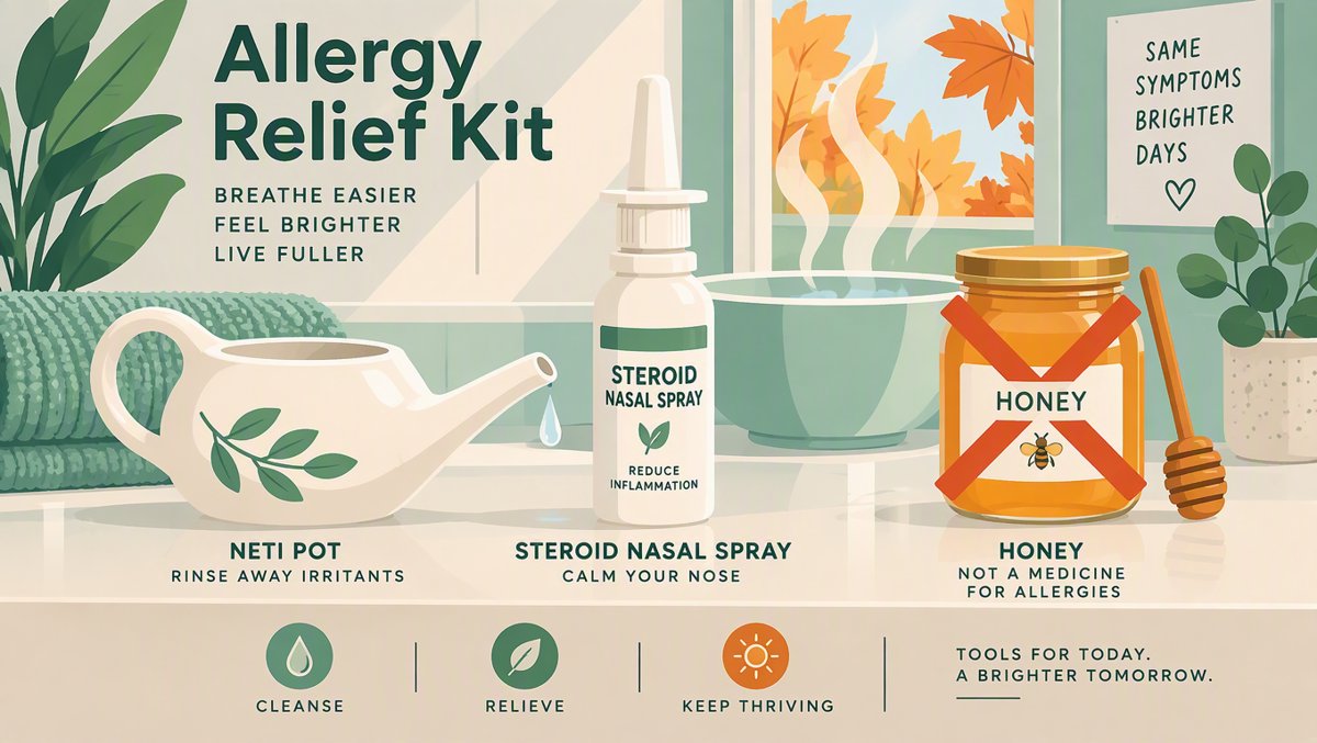 Allergy relief kit — neti pot, nasal spray, and honey that's not medicine