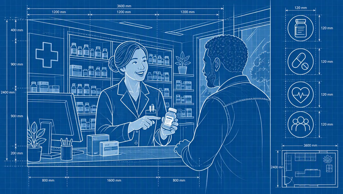 A friendly pharmacist consulting with a customer at a modern pharmacy counter