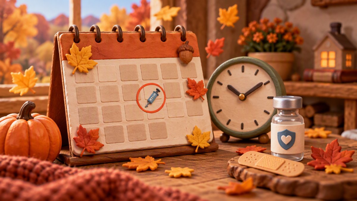 Autumn calendar with falling golden leaves and a clock β the science of flu shot timing