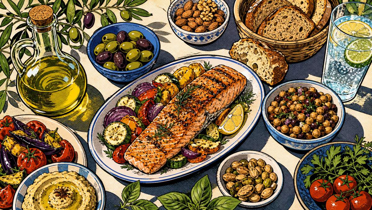 Mediterranean diet table with olive oil, salmon, colorful vegetables, whole grains and sparkling citrus water