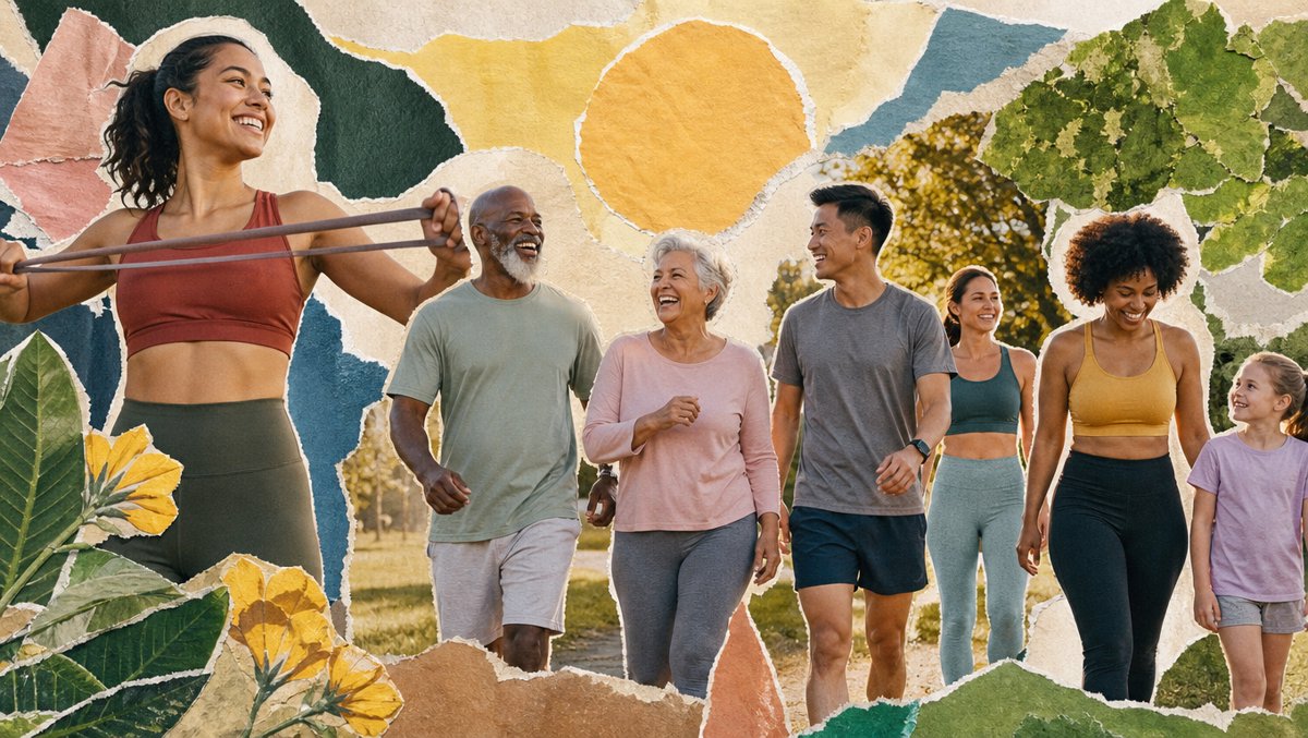 Diverse people walking briskly and doing resistance band exercises in a sunny park at golden hour