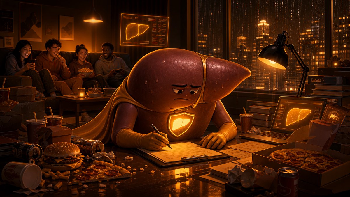 A calm liver superhero working late at a desk while junk food and screens pile up around it