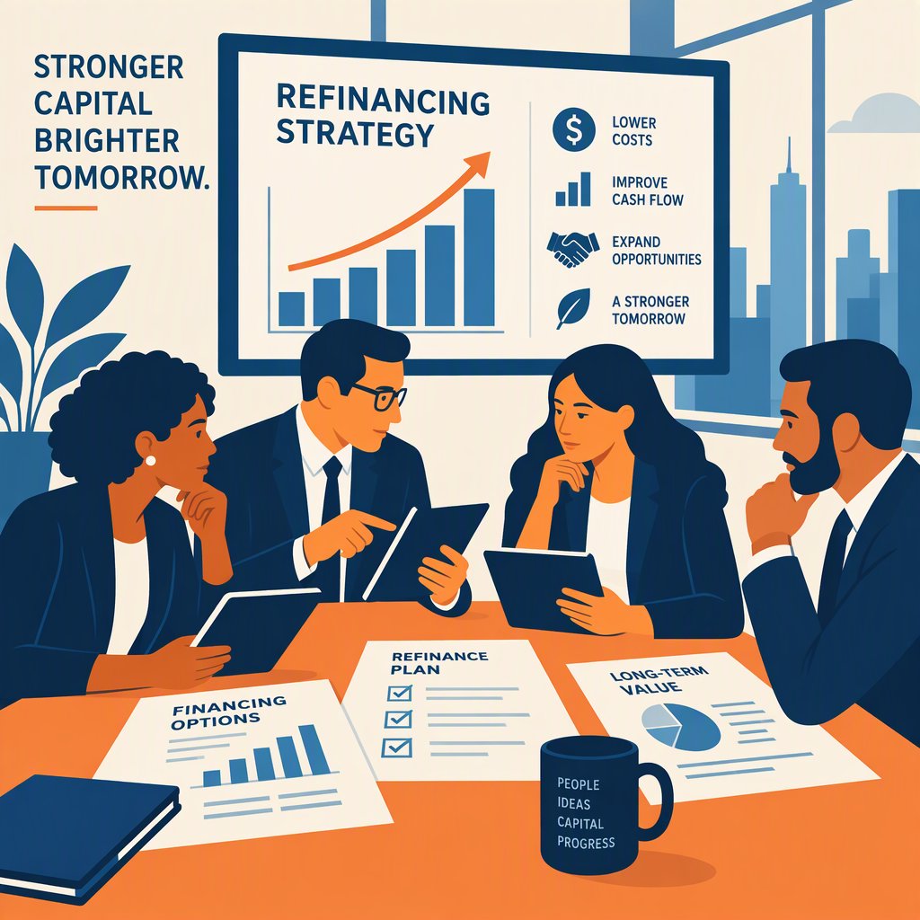 Actionable advice scene: diverse business professionals reviewing financing documents and refinancing strategy around a conference table