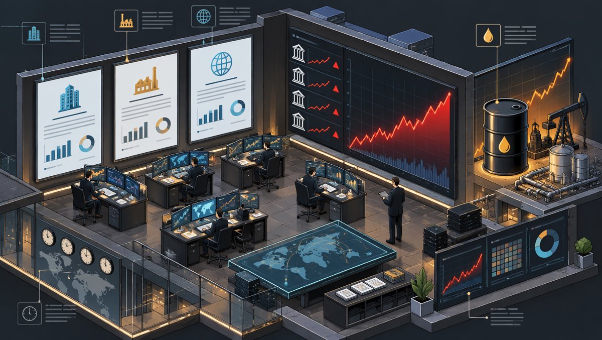 Data visualization scene: trading floor monitors with corporate report cards, surging bond yield charts, and an oil barrel price curve