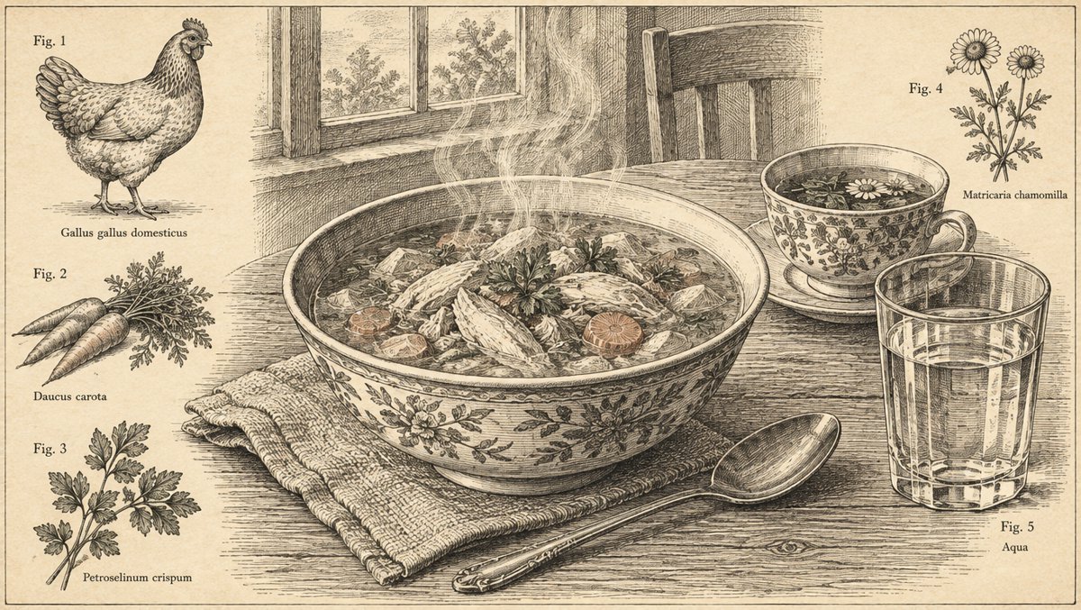 Steaming bowl of homemade chicken soup on a cozy kitchen table with herbal tea and water beside it