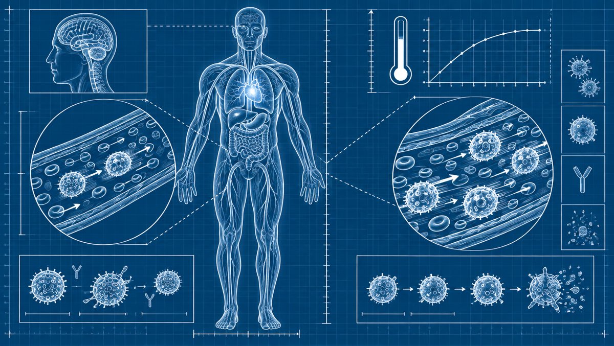 Warm stylized illustration of a glowing human silhouette with immune cells traveling through blood vessels during a fever