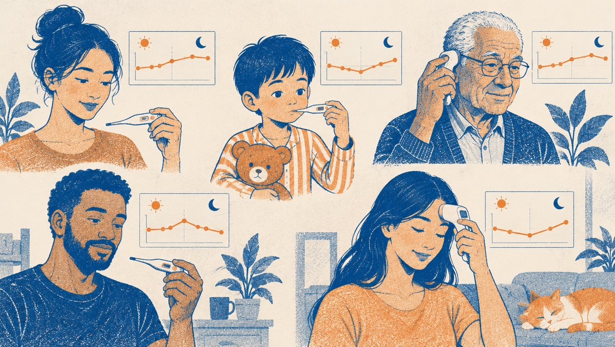 Illustration of diverse people checking their temperatures with modern thermometers beside personal temperature curve charts