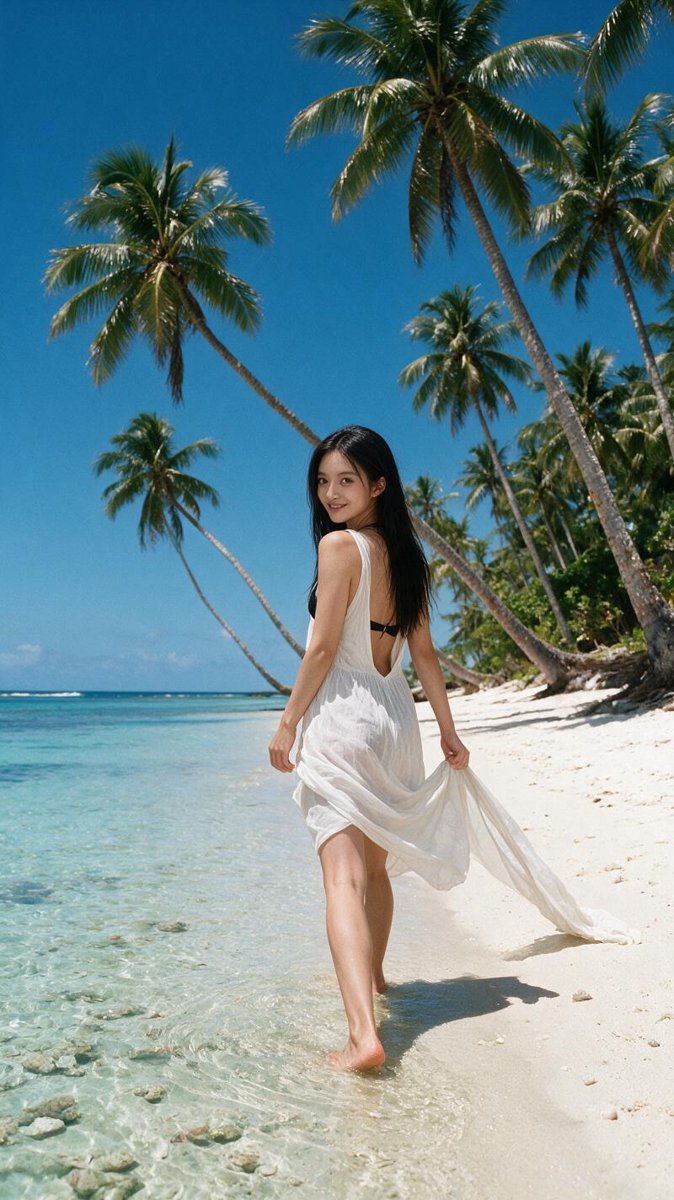 Cindy walking barefoot along a palm-fringed white sand beach at bright midday, white backless sundress over a black bikini, aqua shallows and leaning coconut palms