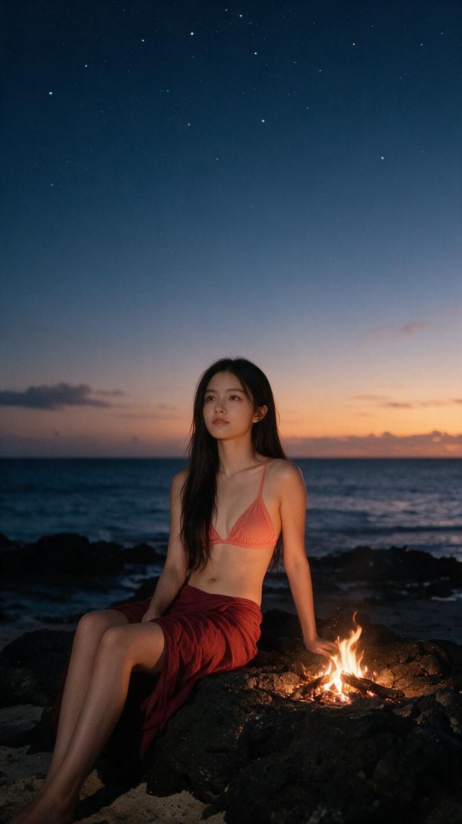 Cindy wrapped in a crimson sarong on dark volcanic rocks at dusk, small bonfire glowing beside her, orange sunset melting into indigo sea with first stars above