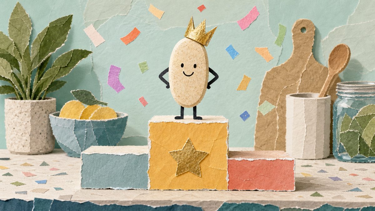 A humble crowned multivitamin on a winner's podium β the supplement world's quiet champion