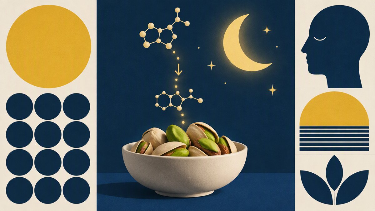Illustration of pistachios in a bowl under a glowing moon, hinting at the tryptophan-to-melatonin sleep pathway