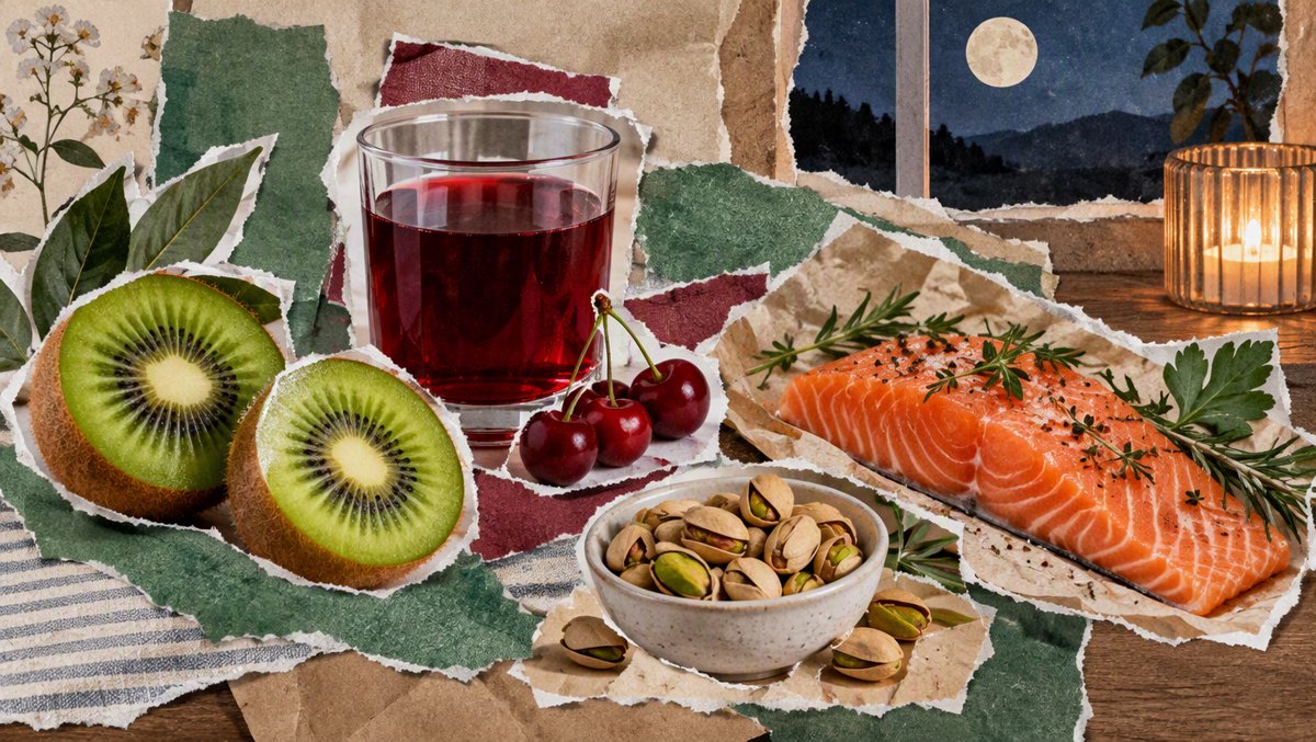 Flat-lay of sleep-supporting foods: kiwifruit halves, tart cherry juice, salmon, and pistachios