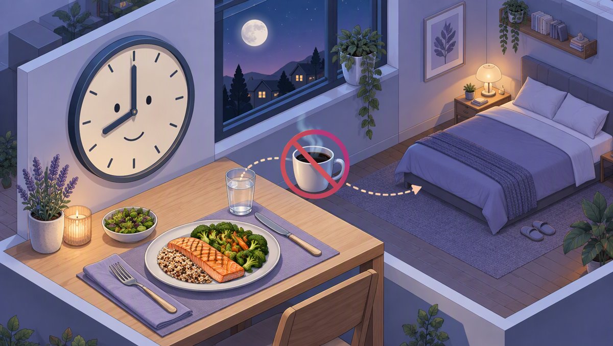 Wellness illustration of a dinner plate next to a wall clock at dusk, symbolizing meal timing before bed