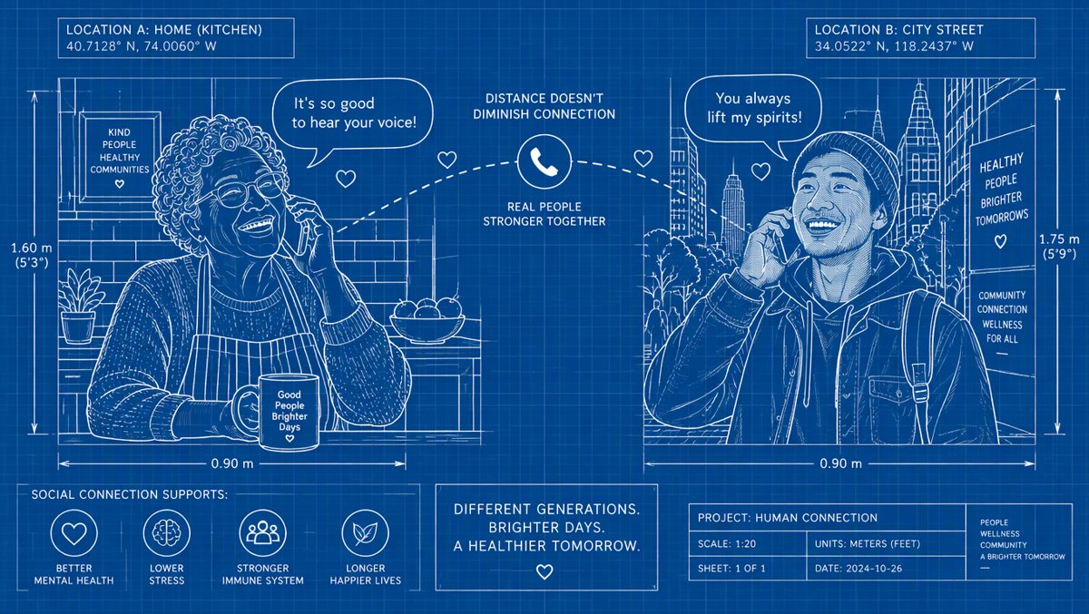 Illustration of a warm phone call between two smiling friends of different generations β the friendship playbook