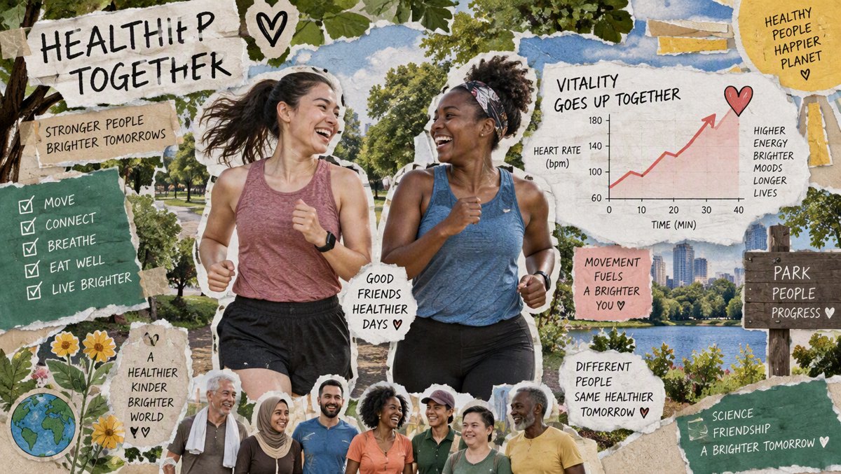 Illustration of two friends jogging and laughing in a park with a vitality curve overlay β the 50% survival effect