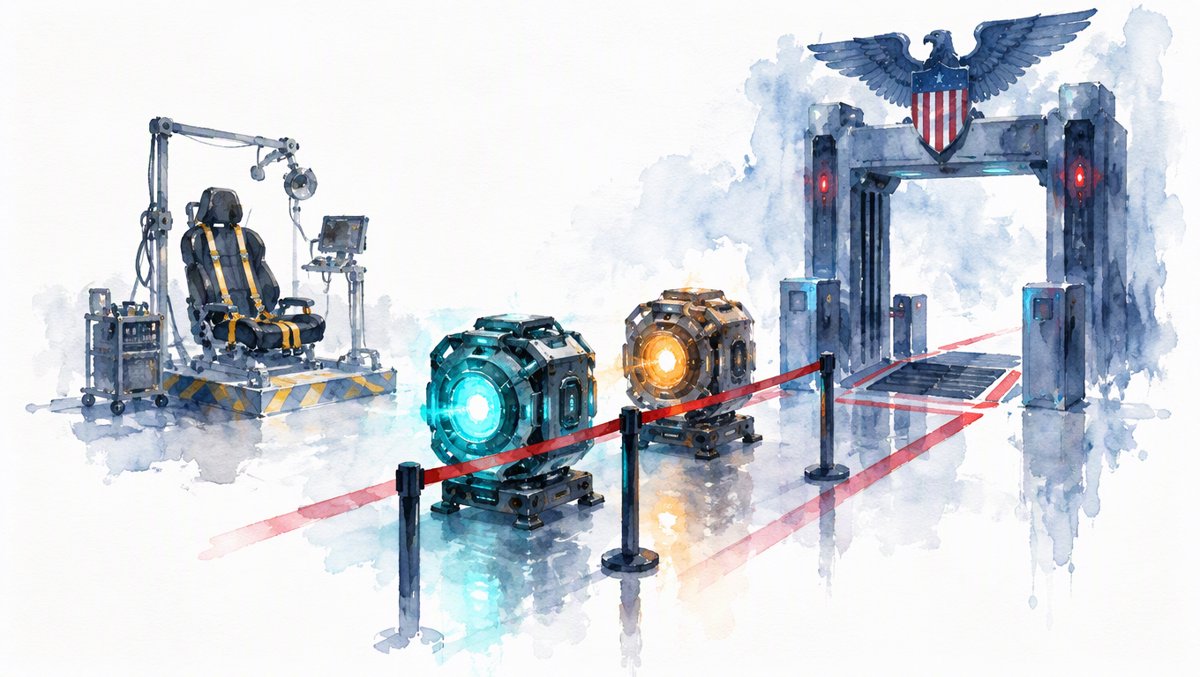 Two AI model cores queue before a checkpoint gate while a crash-test rig idles nearby