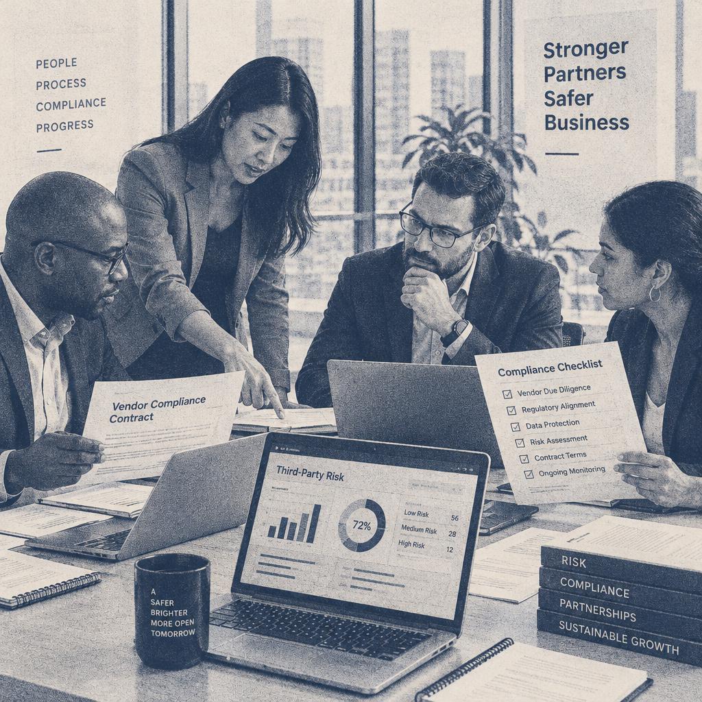 Business professionals reviewing vendor compliance contracts in a modern glass office