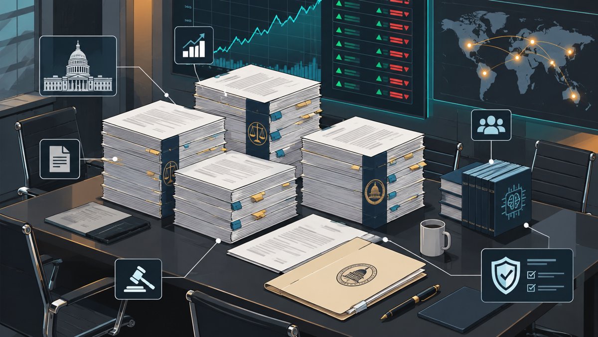 Stacks of legal documents on a conference table with glowing market charts in the background