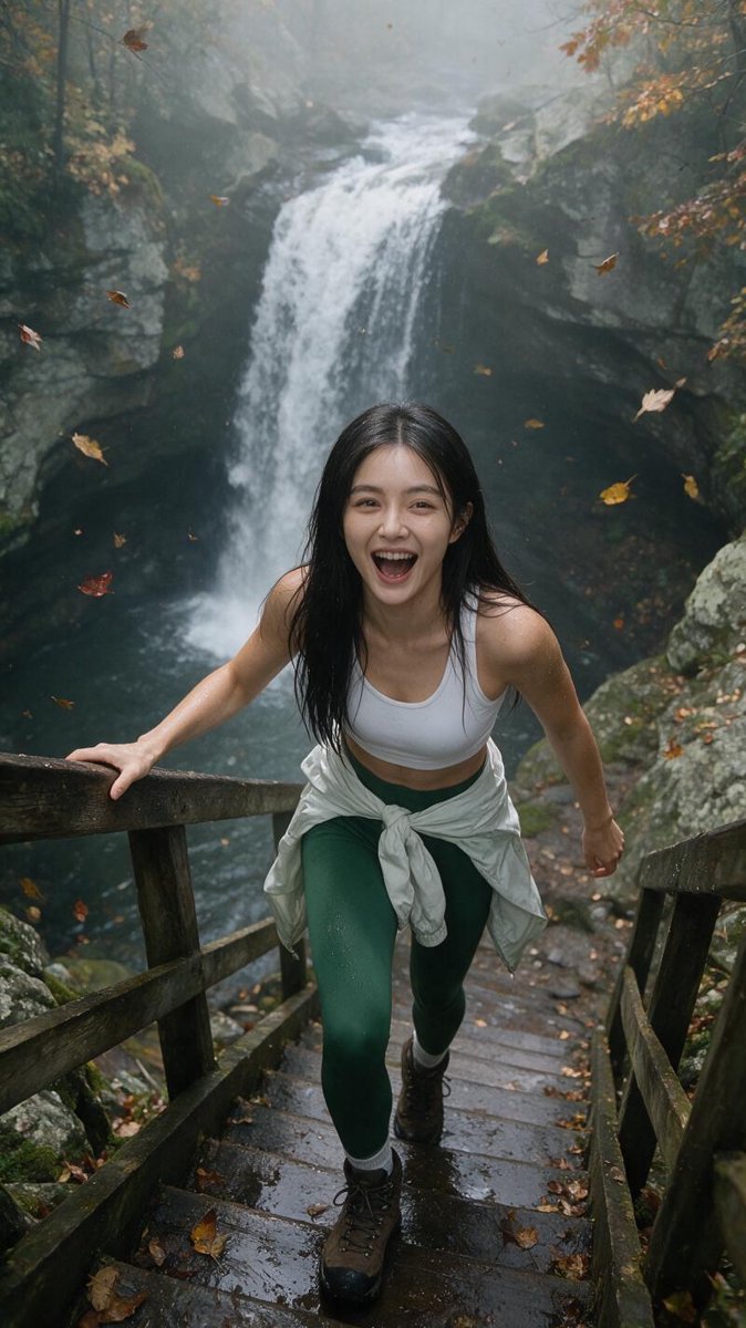 Cindy laughing on misty wooden stairs beside Fall Brook waterfall plunging into a hidden cove