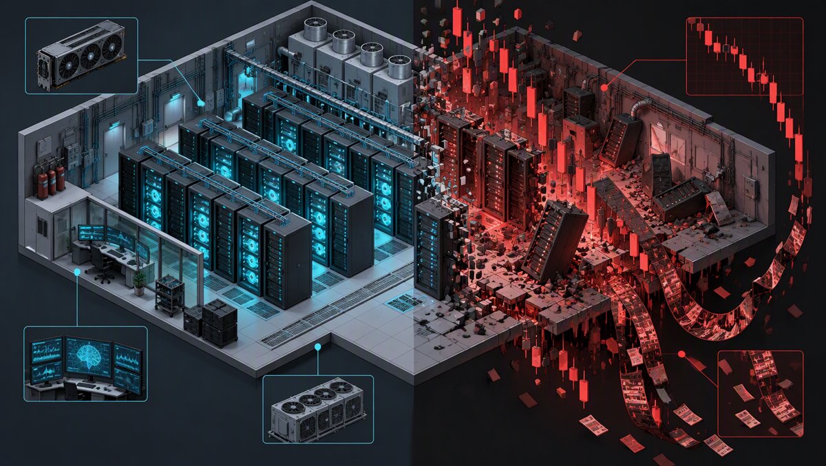 Google's strongest AI model colliding with a market crash — server racks dissolving into falling red charts