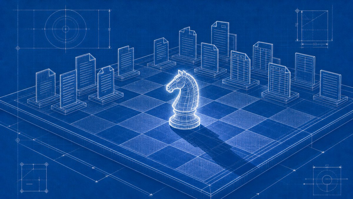 Watercolor illustration of a chessboard where the pieces are abstract documents and spreadsheets, one glowing knight stepping forward