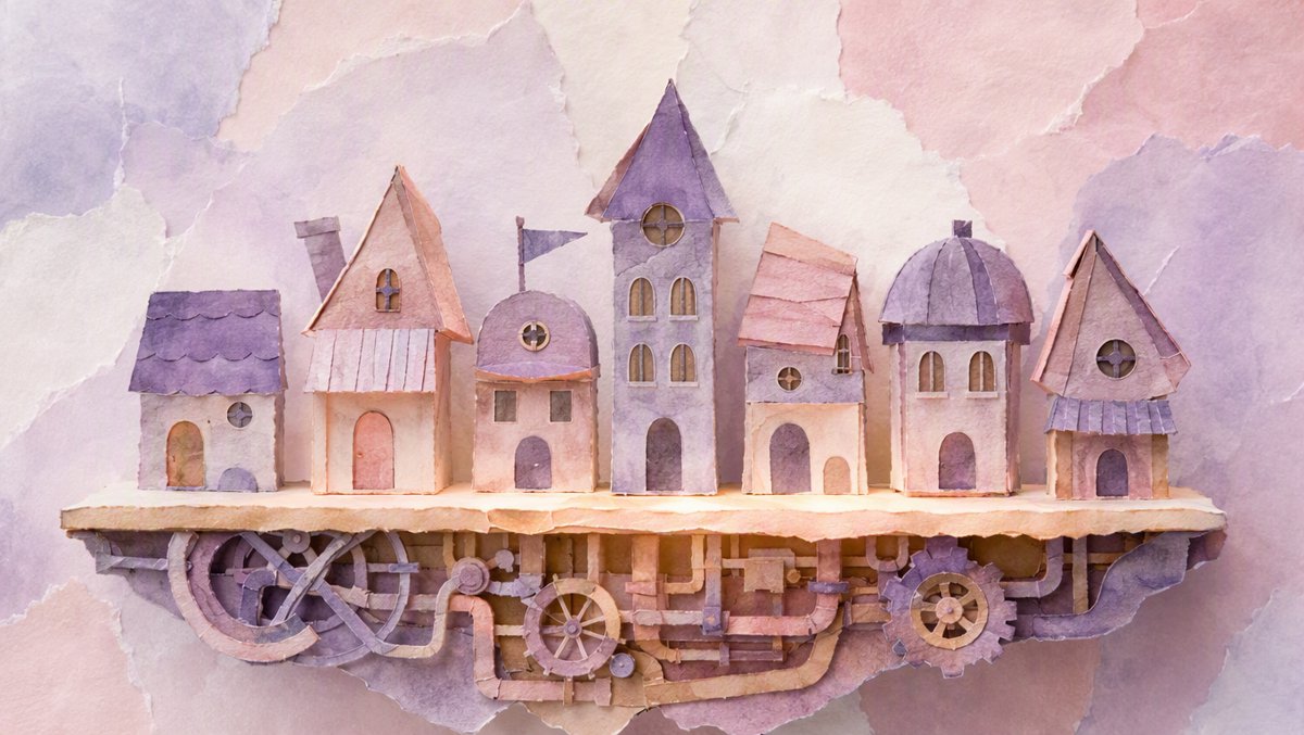 Watercolor illustration of seven paper-craft buildings sharing one glowing foundation platform — seven editors, one engine layer