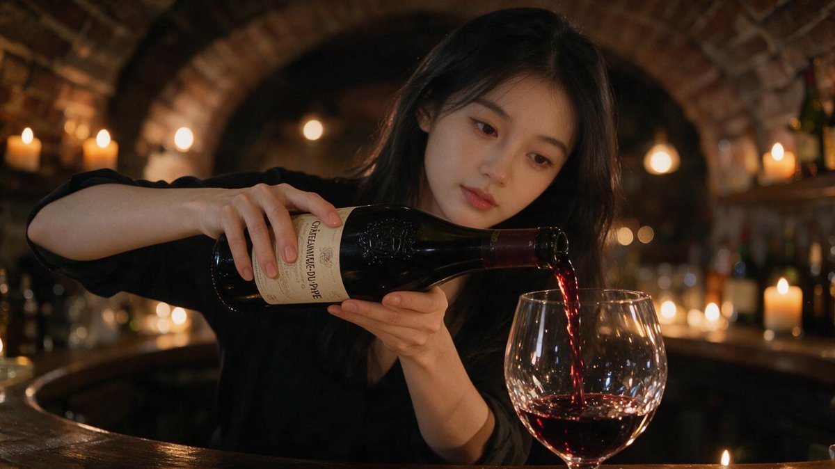 Scene 2 β Close-up of Sofie's hands pouring a deep red ChΓ’teauneuf-du-Pape into crystal, wine glowing in candlelight, warm bokeh of the cellar bar