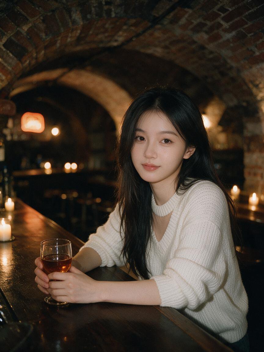 Scene 3 β Sofie leaning on the empty bar after closing, hair slightly undone, her own glass of tawny port in hand, candlelight and quiet