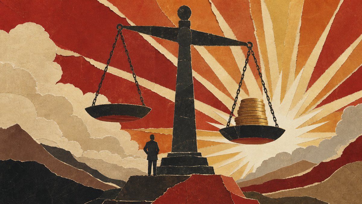 Retro travel-poster illustration of a giant balance scale weighing a glowing stack of coins against a radiant burst of light, burnt red, cream and mustard palette