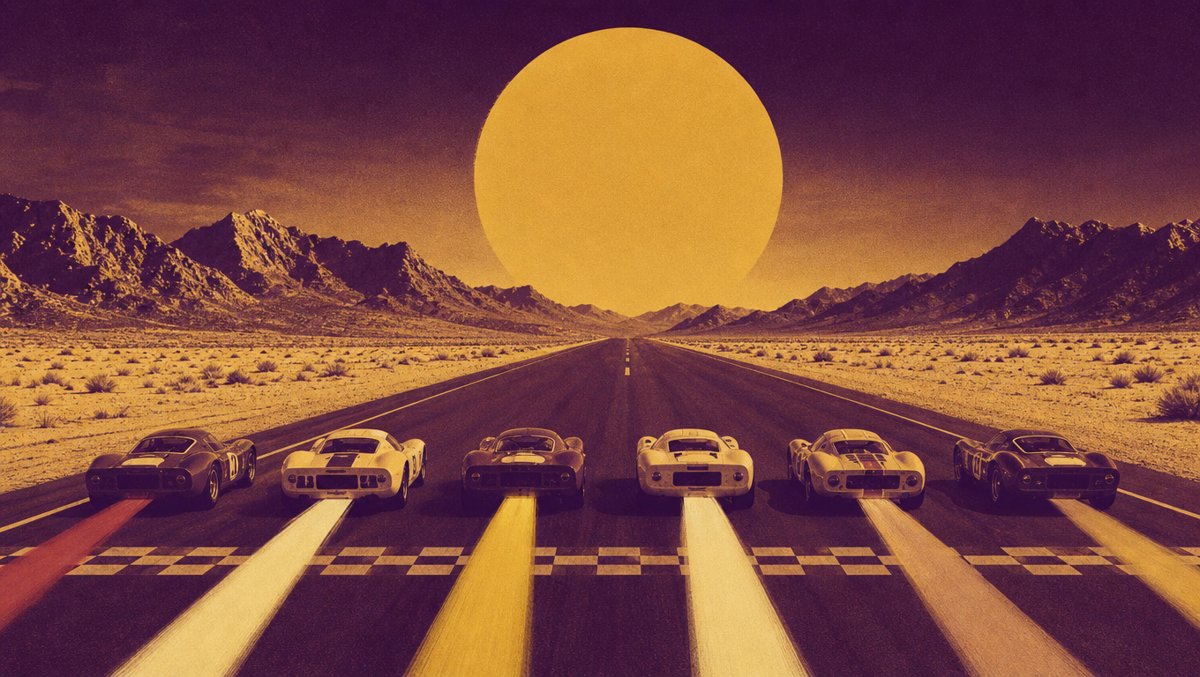 Retro travel-poster illustration of six stylized race cars at a starting grid on a desert highway, each trailing a different light beam — burnt red, cream and mustard palette
