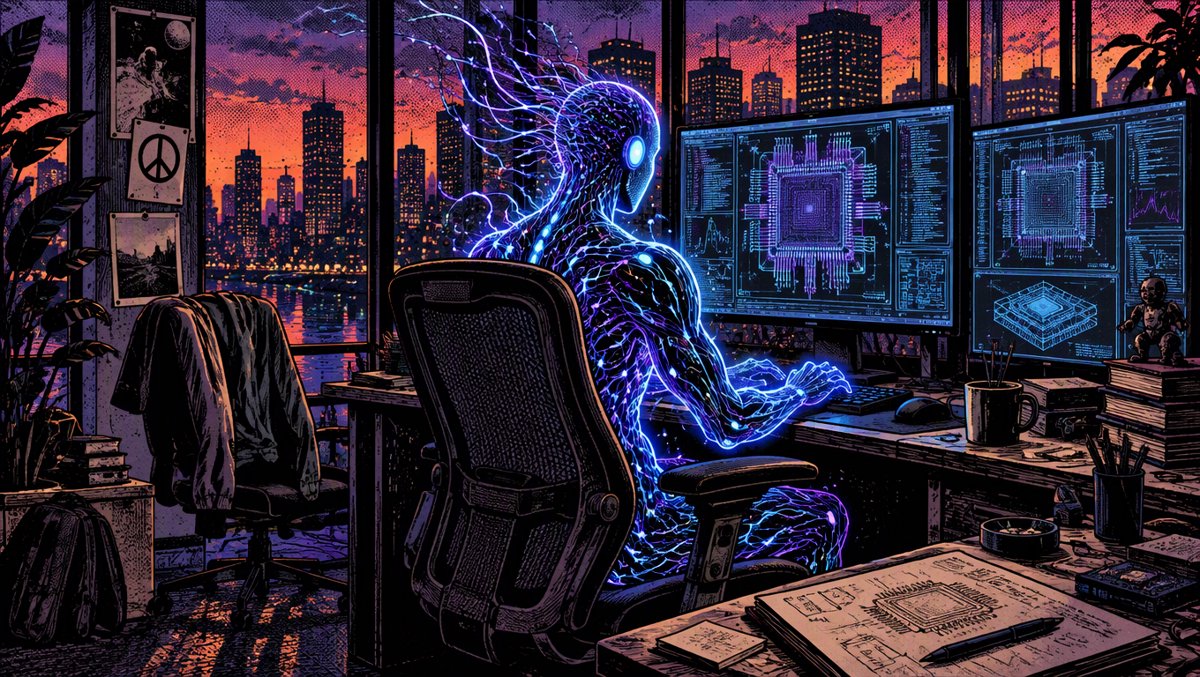 Empty engineer's chair at dusk — the model has taken the keyboard