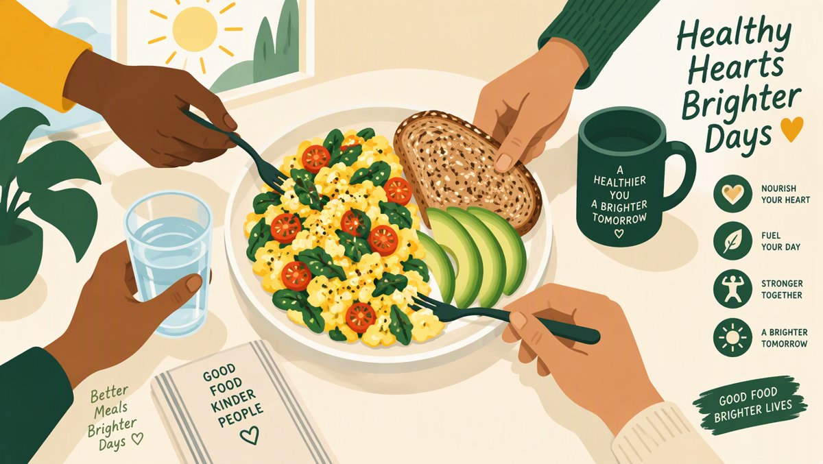 Illustration of a heart-healthy breakfast plate with veggie scrambled eggs, spinach, tomatoes, avocado, whole grain toast and water — diverse hands sharing the meal in morning light