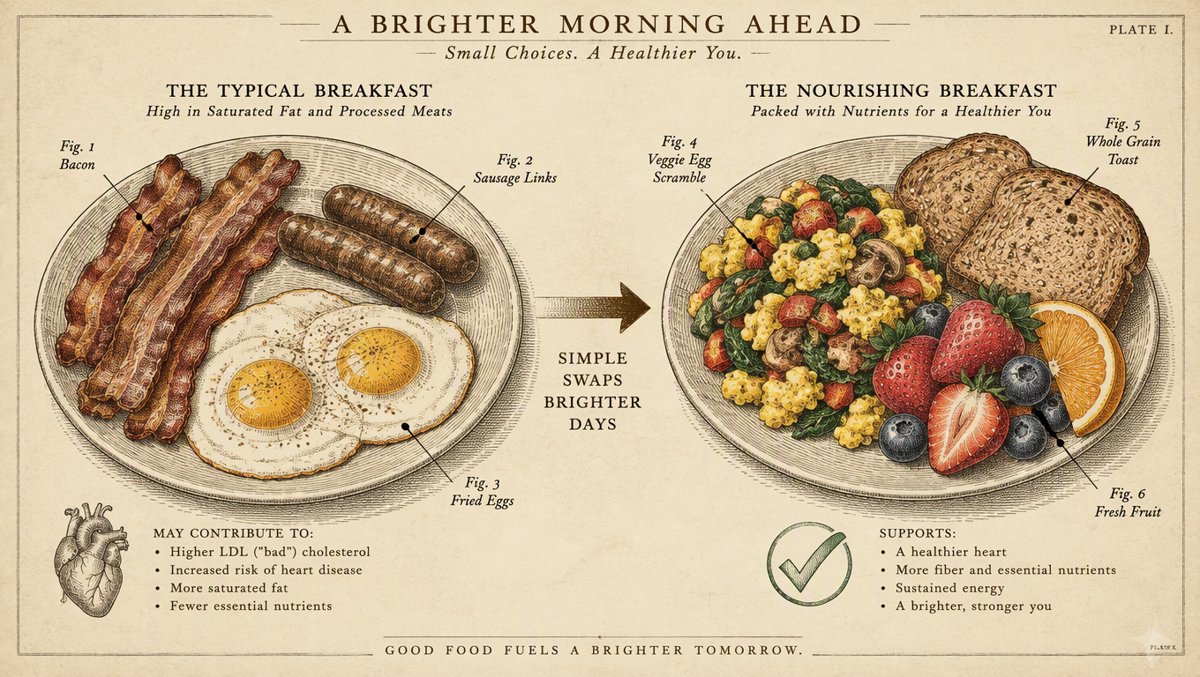 Side-by-side illustration comparing a bacon, sausage and fried egg plate with a colorful veggie egg scramble, whole grain toast and fruit with a checkmark