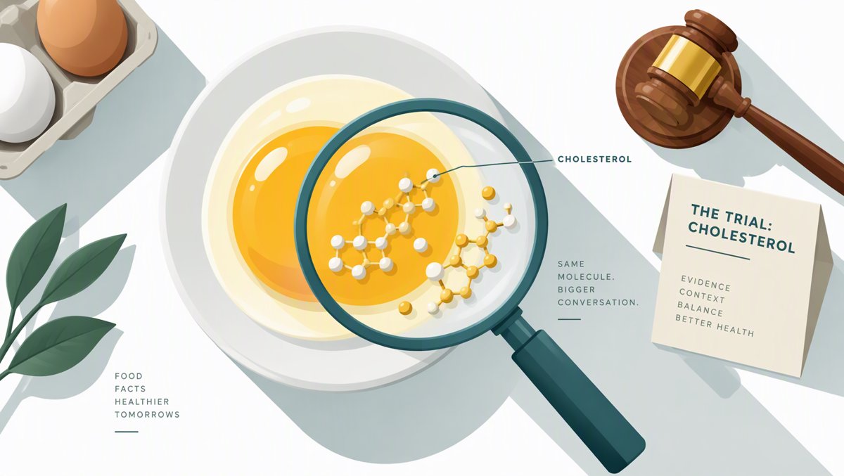 Clean health illustration of an egg yolk under a magnifying glass revealing cholesterol molecules, with a small gavel in the corner — courtroom-trial motif in teal and yolk-yellow