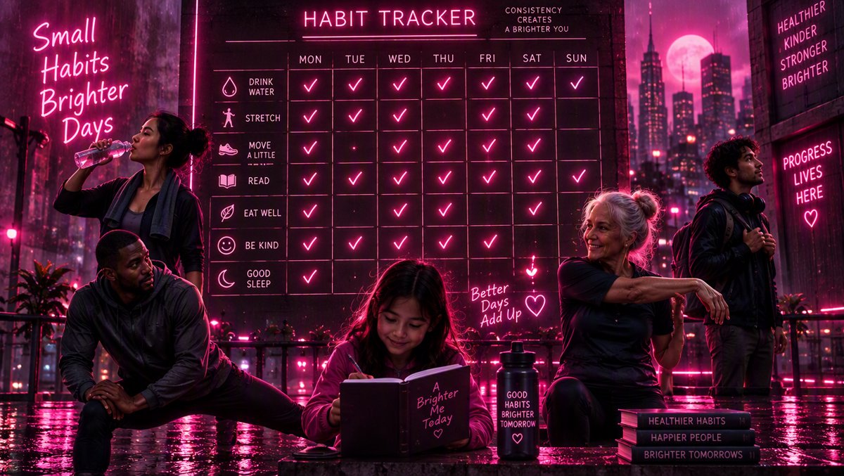 Clean health illustration of a habit tracker calendar filling with checkmarks over days, diverse people building small daily habits