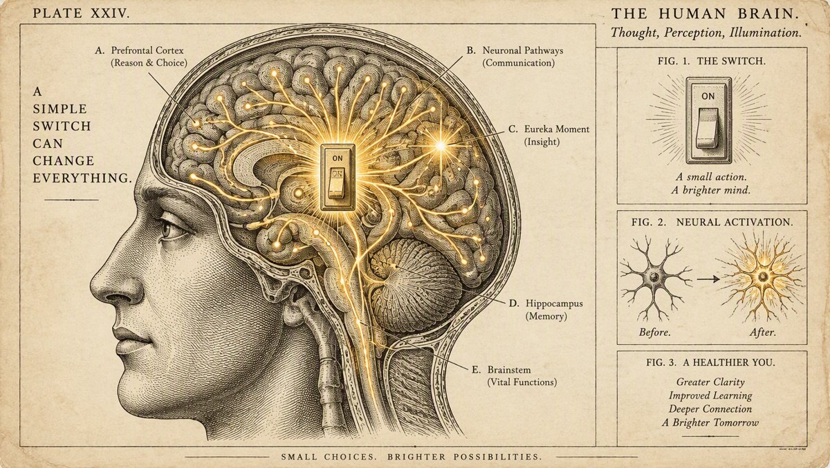 Clean health illustration of a glowing light switch turning on inside a stylized brain with neural pathways lighting up