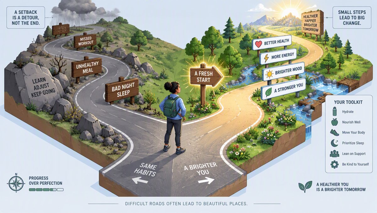 Clean health illustration of a diverse person pausing at a fork in a winding road after a setback, choosing a bright new glowing path