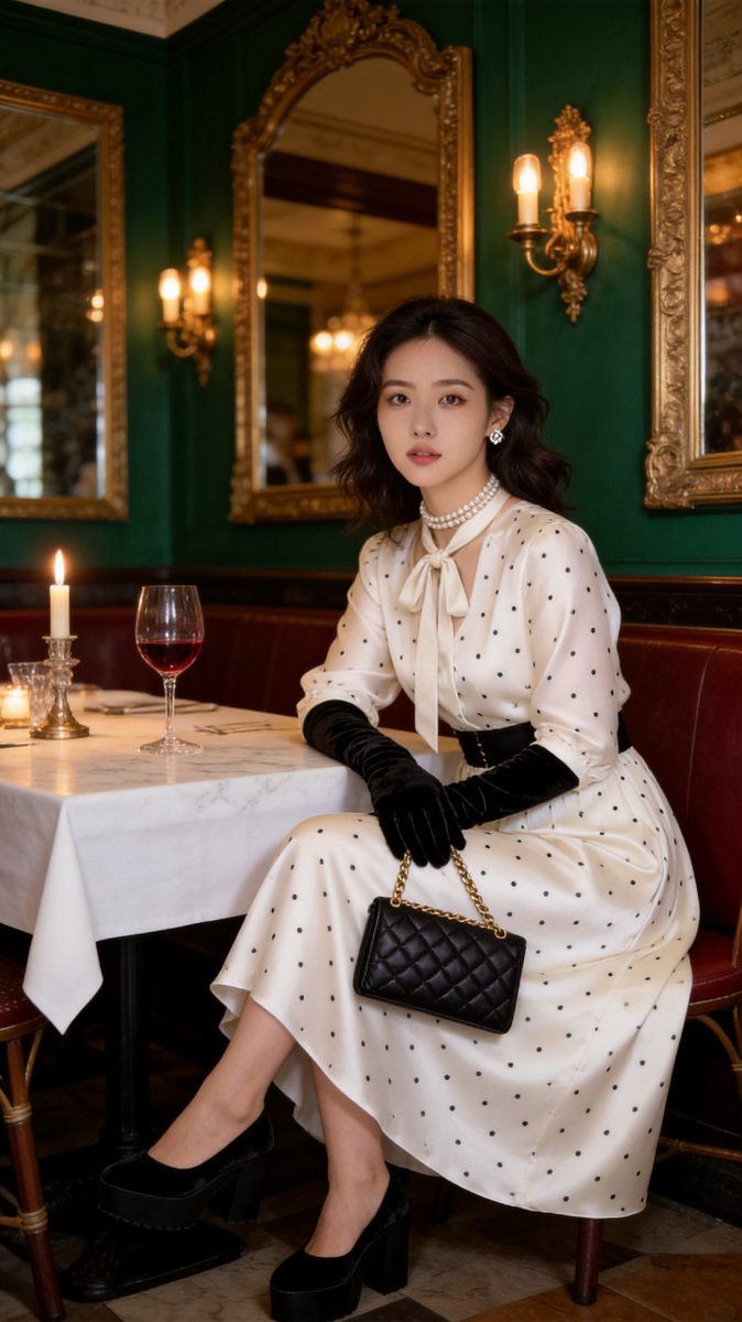 Monica in an ivory polka dot midi dress with black opera gloves seated at a candlelit marble table in a Parisian-style bistro