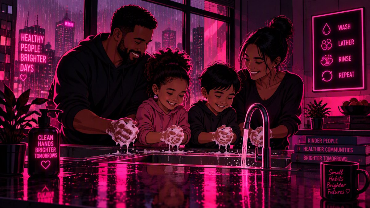 Diverse family washing hands together at a bright kitchen sink