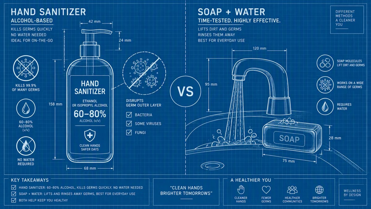 Hand sanitizer bottle versus soap comparison illustration