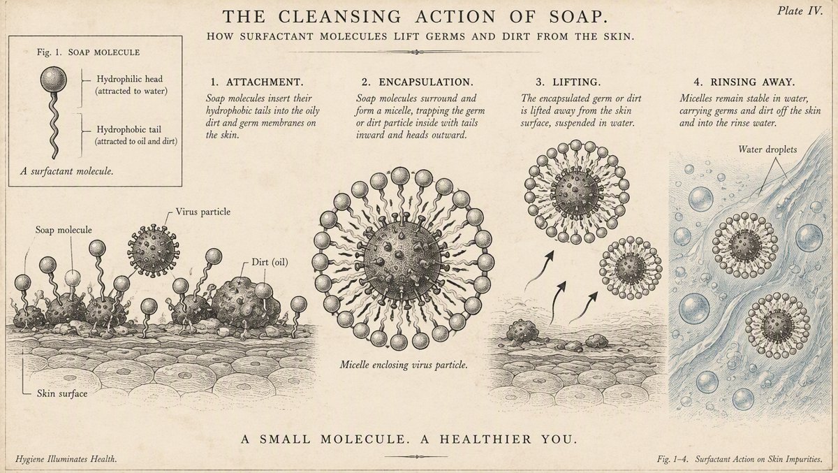 Educational illustration of soap molecules lifting germs and dirt off skin