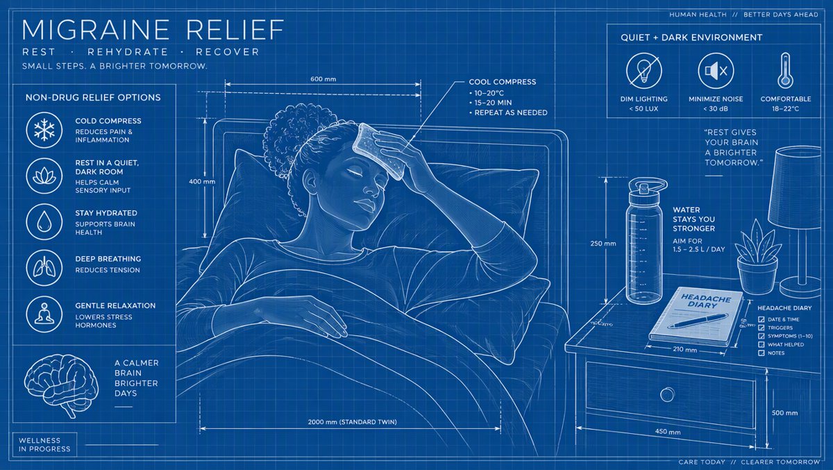 Clean health illustration of migraine relief: resting in a dim room with a cool compress
