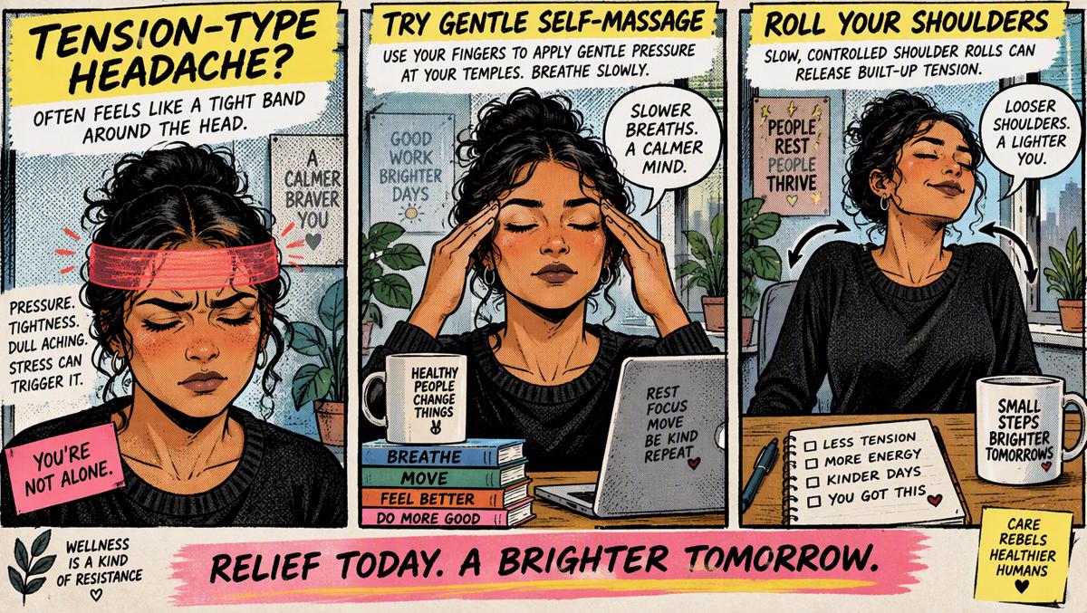 Clean health illustration of tension-type headache relief with self-massage at a bright desk