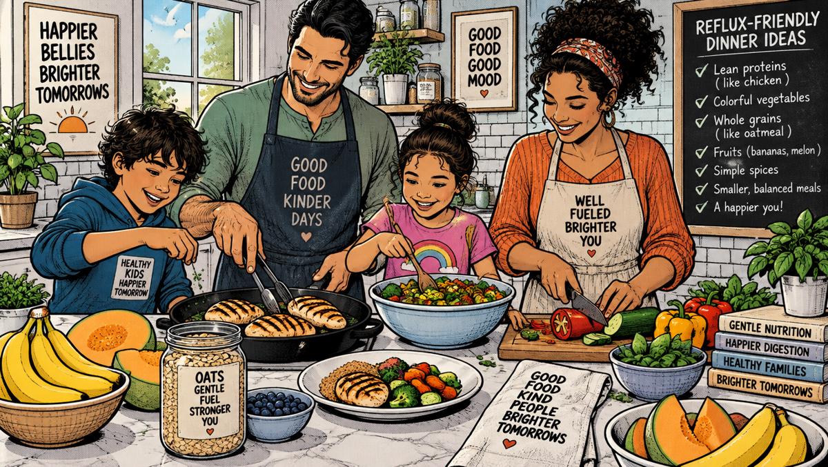 A diverse family enjoying a reflux-friendly dinner with grilled chicken, colorful vegetables, oatmeal, bananas and melons in a bright kitchen