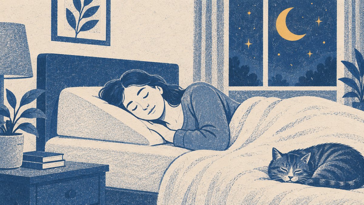A person sleeping peacefully on their left side on an elevated wedge pillow in a calm moonlit bedroom