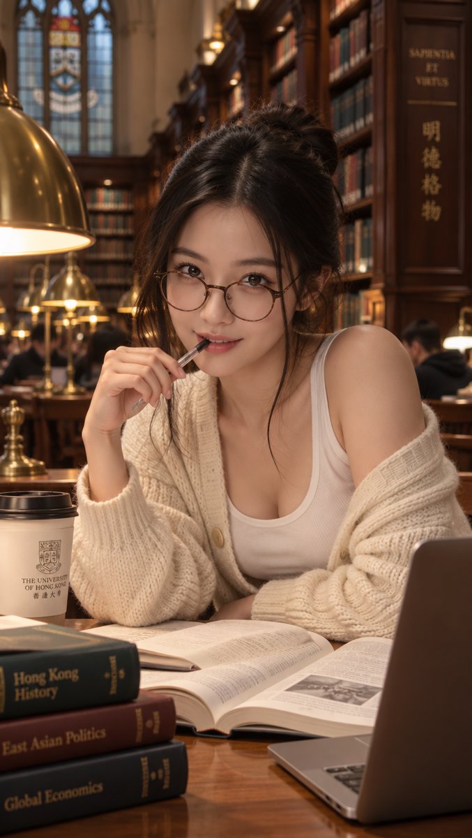 Cindy studying under warm lamps in a historic Hong Kong university library