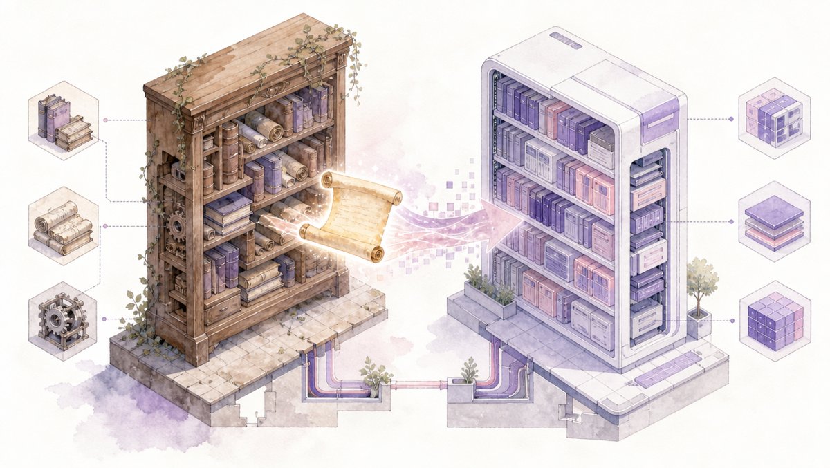 Watercolor illustration of an old bookshelf handing a glowing parchment to a modern bookshelf