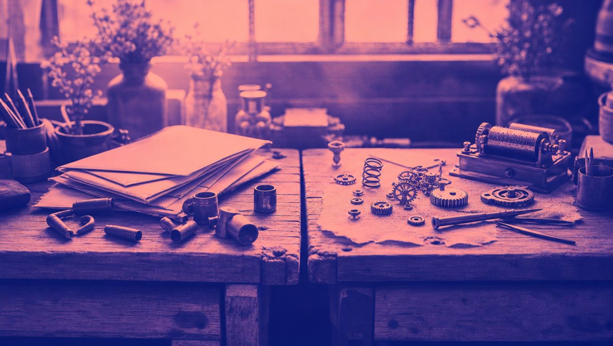 Watercolor illustration of two workbenches with complementary tools