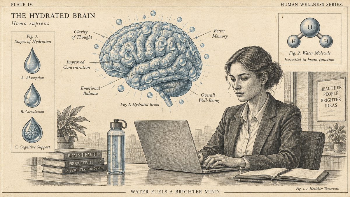 Clean health illustration of a glowing water-droplet brain floating above a desk with laptop and water bottle
